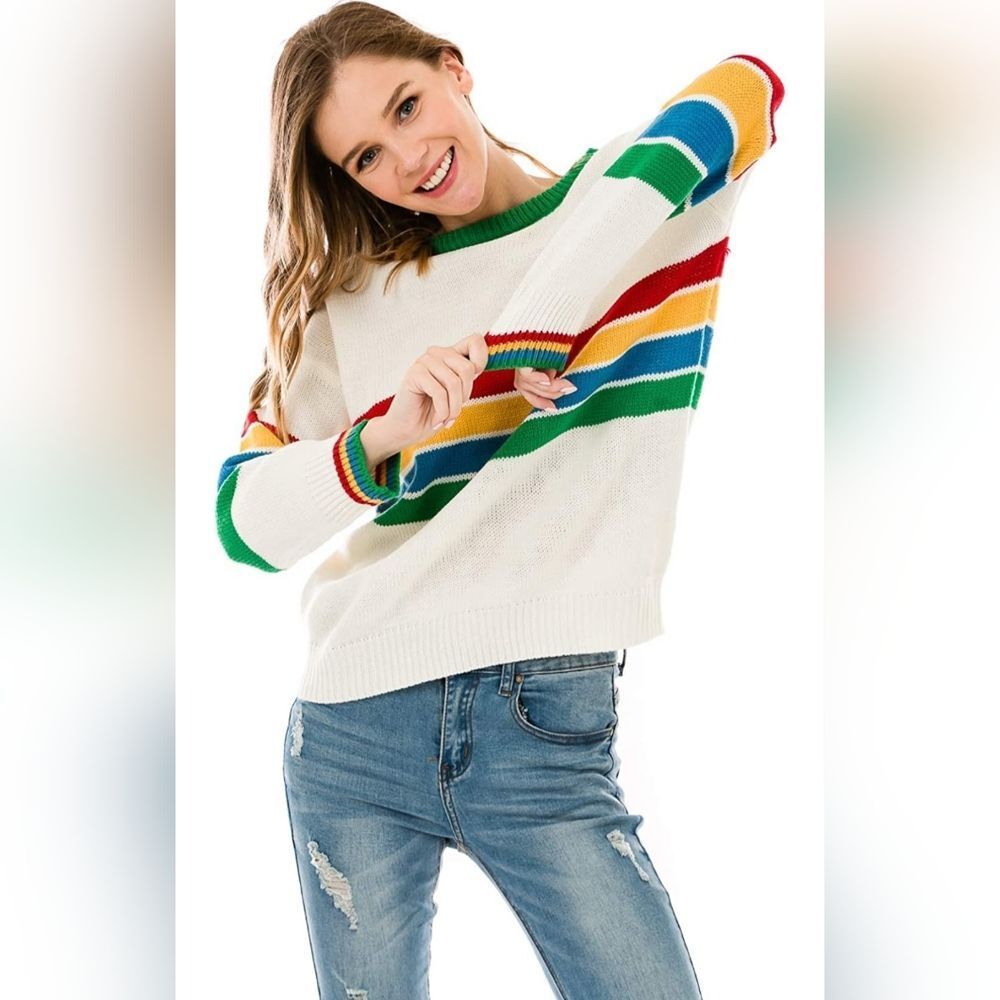 🔥NWT Cream & Rainbow Striped Knit Long Sleeve Sweater Small